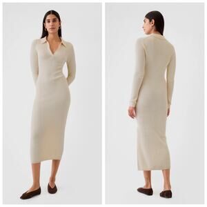 ASOS Elevated‎ Everyday Knitted Collared V Neck Ribbed Maxi Dress Cream - 2 Tall